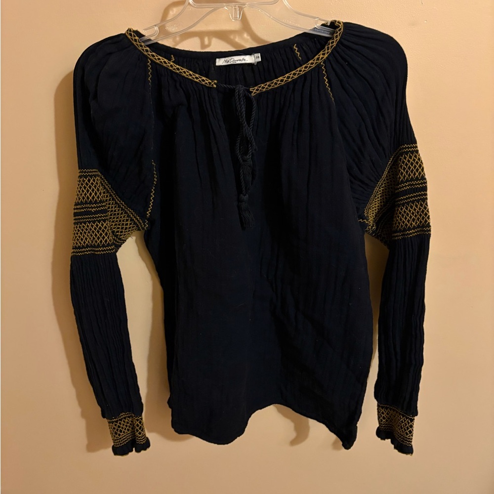 Mes Demoiselles Navy Blouse with Gold Embroidery